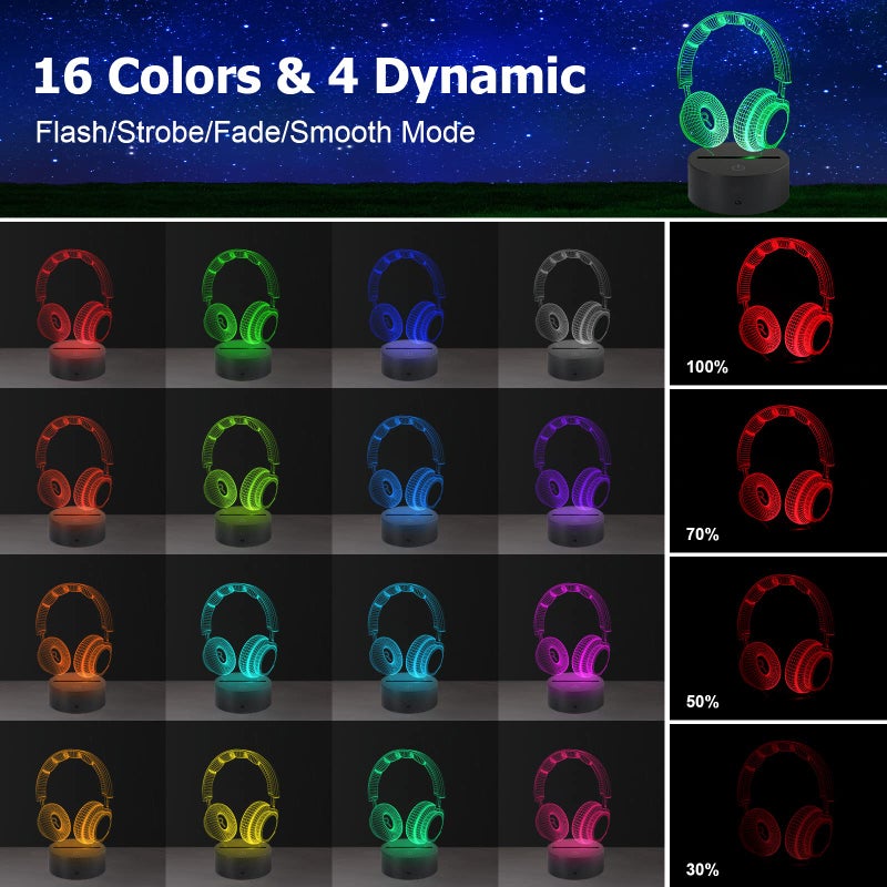 AZIMOM Headphone Headset 3D Illusion Lamp 16Color Night Light,Smart Touch Sensor & Remote Control Bedside Lamps Home Decoration Kids Boys Girls Women Birthday Gifts - Image 2